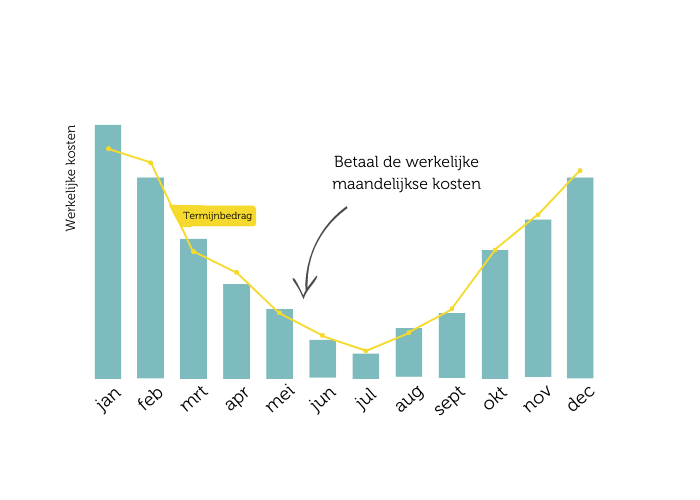 Maandelijkse energiekosten weergegeven in staafdiagrammen van januari tot december.